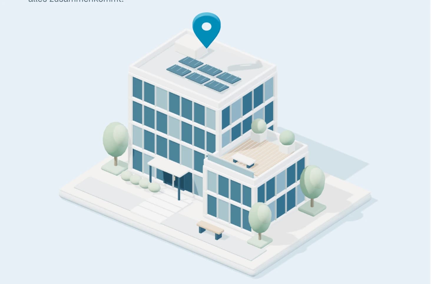 Interaktives 3D-Modell eines Bürogebäudes mit Dachterrasse und Bäumen.